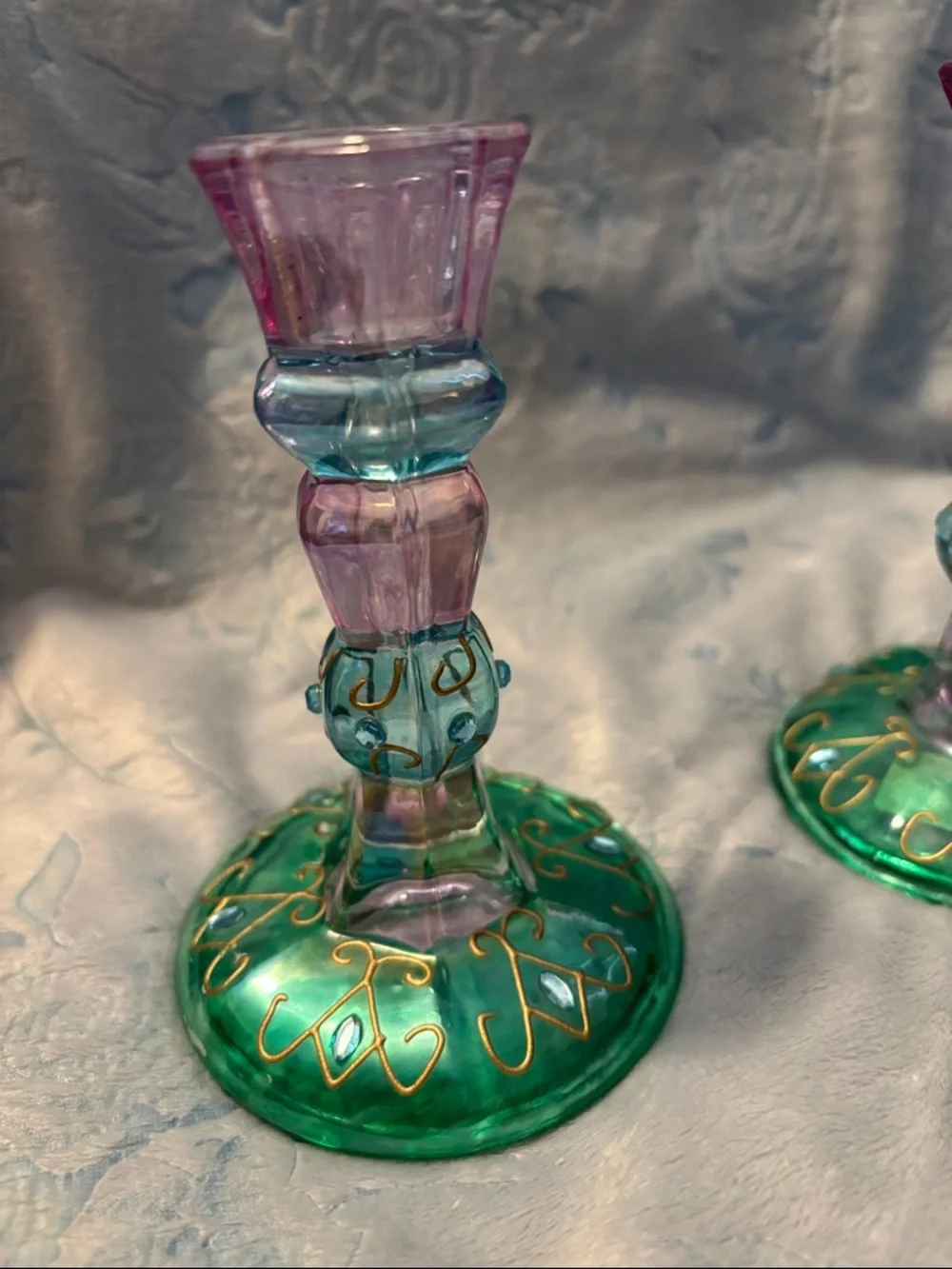 Party Lite Glass Votive Holder & Candlesticks - Pastel Purple, Teal & Green - Picture 3 of 5